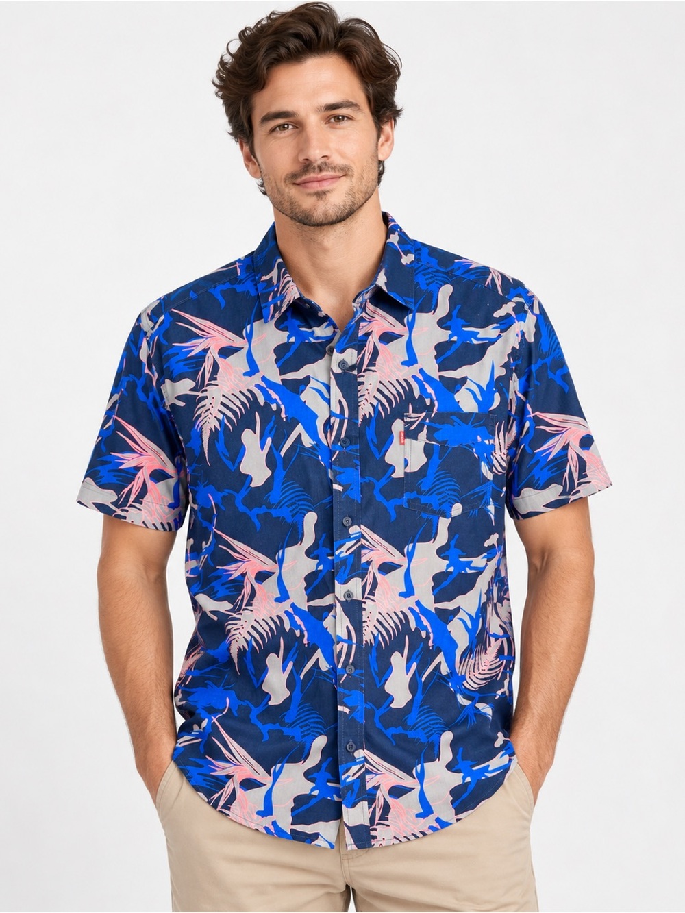 Levi’s Men’s Large Tropical Hawaiian Shirt Blue Pink 100% Cotton Short Sleeve